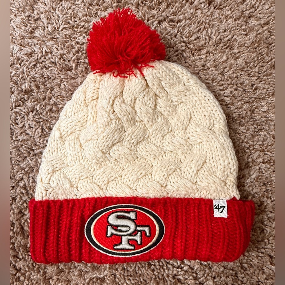San Francisco 49ers Cream & Red Cable Knit Pom Beanie | ’47 Brand Women’s